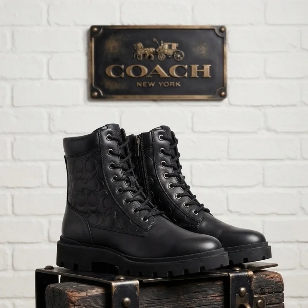 Coach Lorimer Black Leather Signature C Embossed chunky Combat Boots luxury 8D